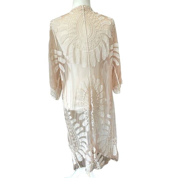 Rebellion Boho Open Duster Swim Cover Medium Tan Cream Floral Embroidery Sheer - Picture 2 of 16